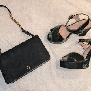 Tory Burch Banana Leaf Green Velvet Bag and Green Velvet Sandals